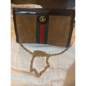 Gucci Brown Suede Black Patent Leather Chain Crossbody Bag elegant chic